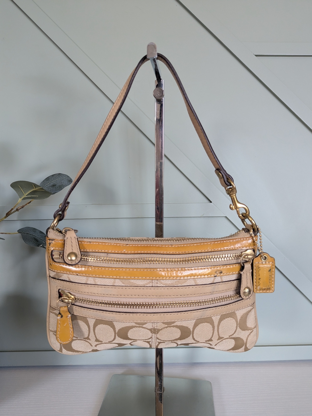 Coach Beige Signature Jacquard Shoulder Bag with Mustard Trim